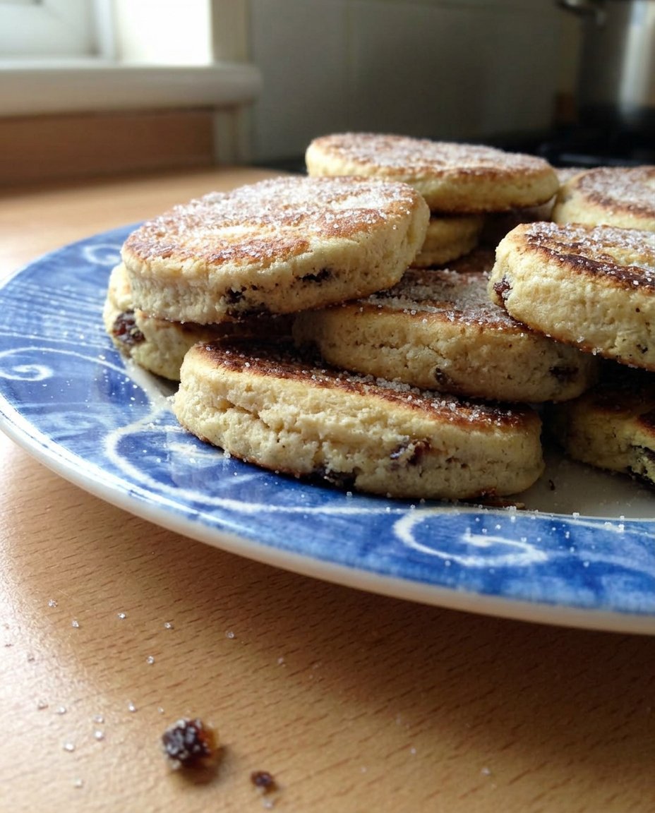 A Welsh cake split open with melting butter and berry jam on a decorative plate.