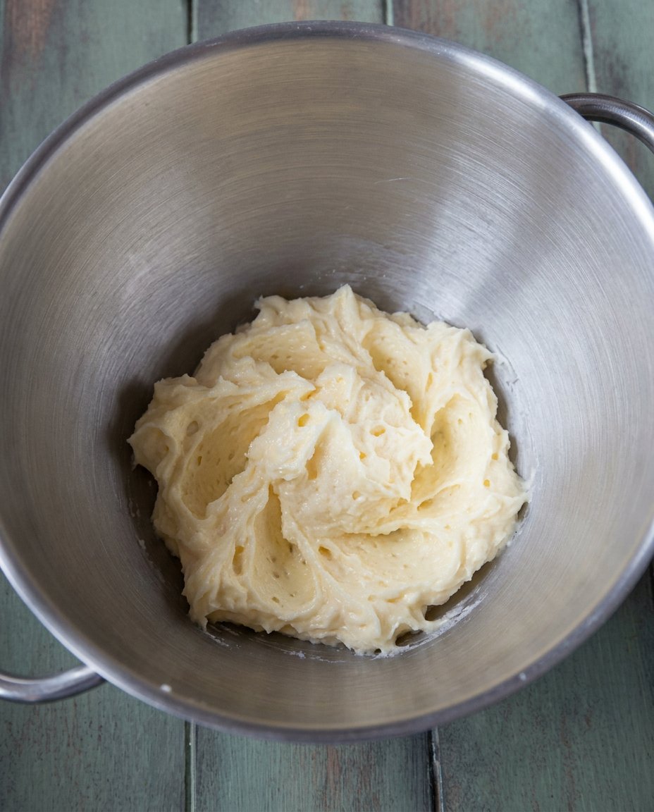 A hand shaping the pistachio shortbread dough into a log on a floured surface.