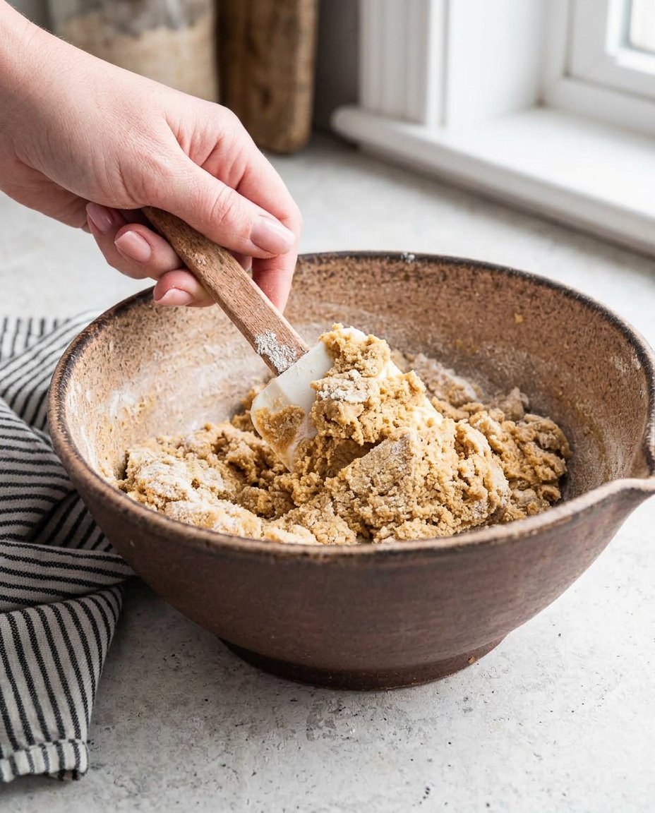 Hand pressing a thumb into a ball of cookie dough coated in sugar.