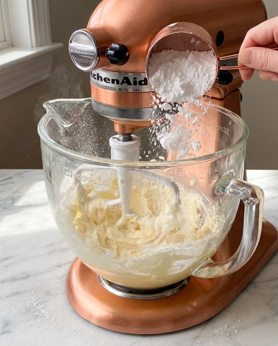 Ingredients for shortbread cookies including high quality butter and confectioners sugar.