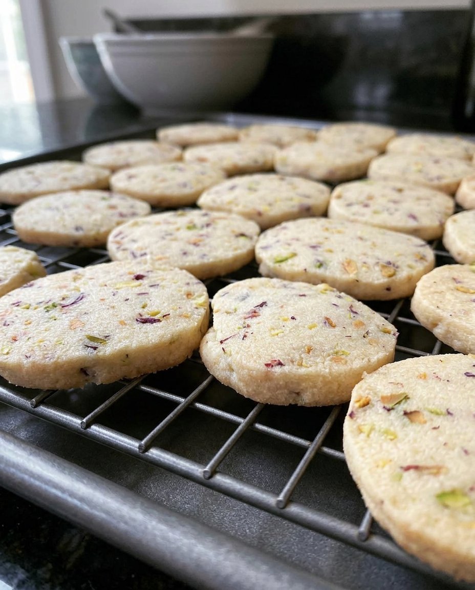 Pistachio shortbread cookies stored inside a classic white ceramic cookie jar.