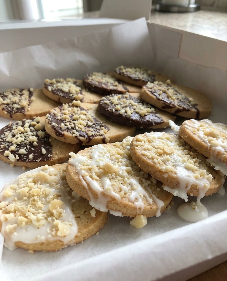 Macadamia shortbread cookies being dipped in dark chocolate