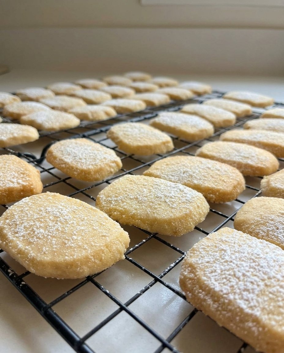Traditional buttery shortbread wedges on a cooling rack
