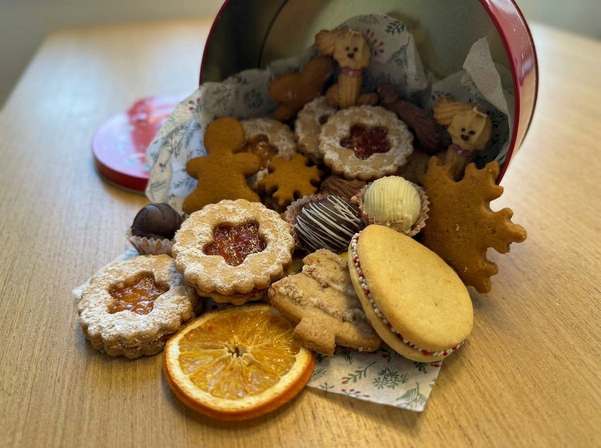 The simple pantry ingredients for Christmas sugar cookies arranged on a wooden table.