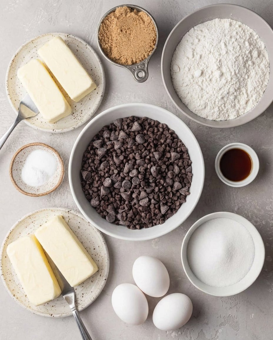 Ingredients for chocolate chip cookies including flour, brown sugar, and chocolate chips.