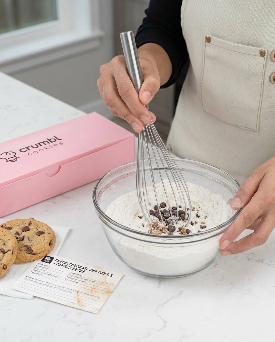 Baking ingredients like flour, sugar, and milk chocolate chips arranged on a wooden table