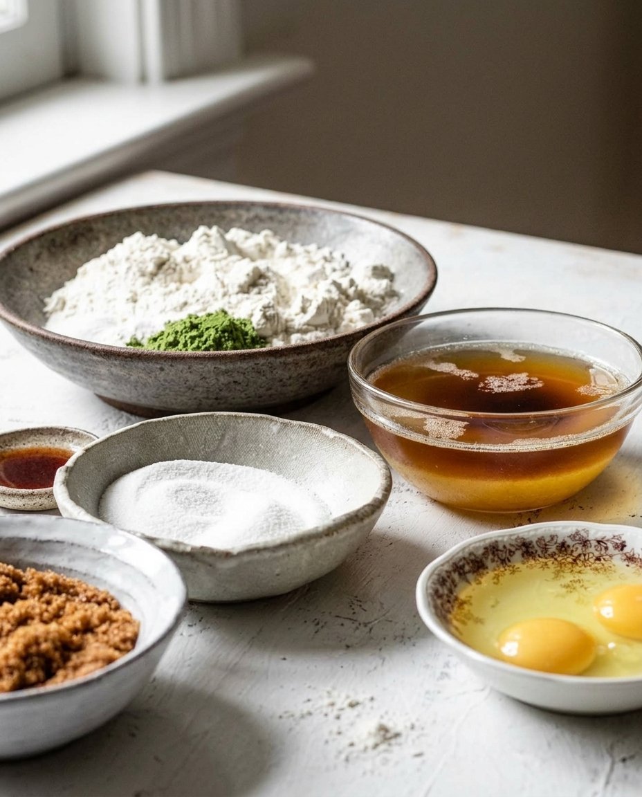 Ingredients for matcha chocolate chips including white chocolate and green tea powder