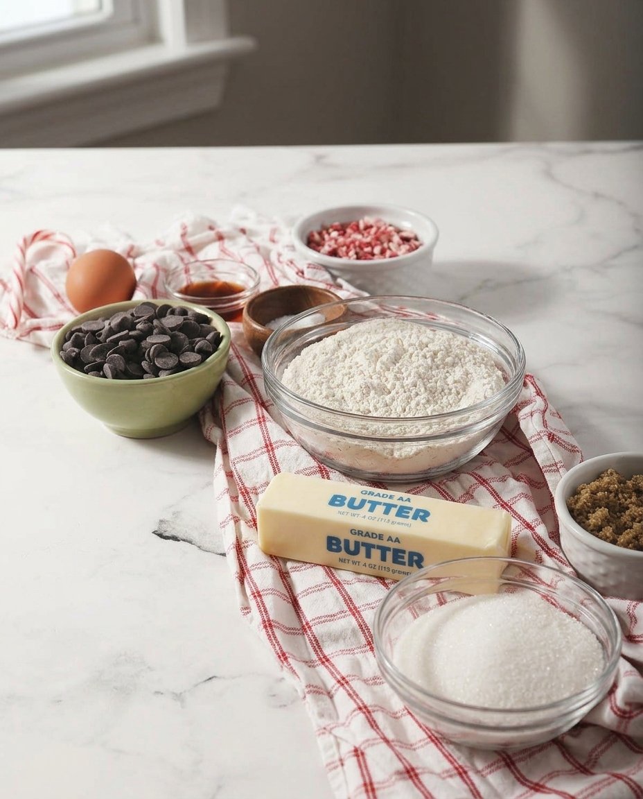 Bowl of peppermint chips and chocolate chips on a wooden counter