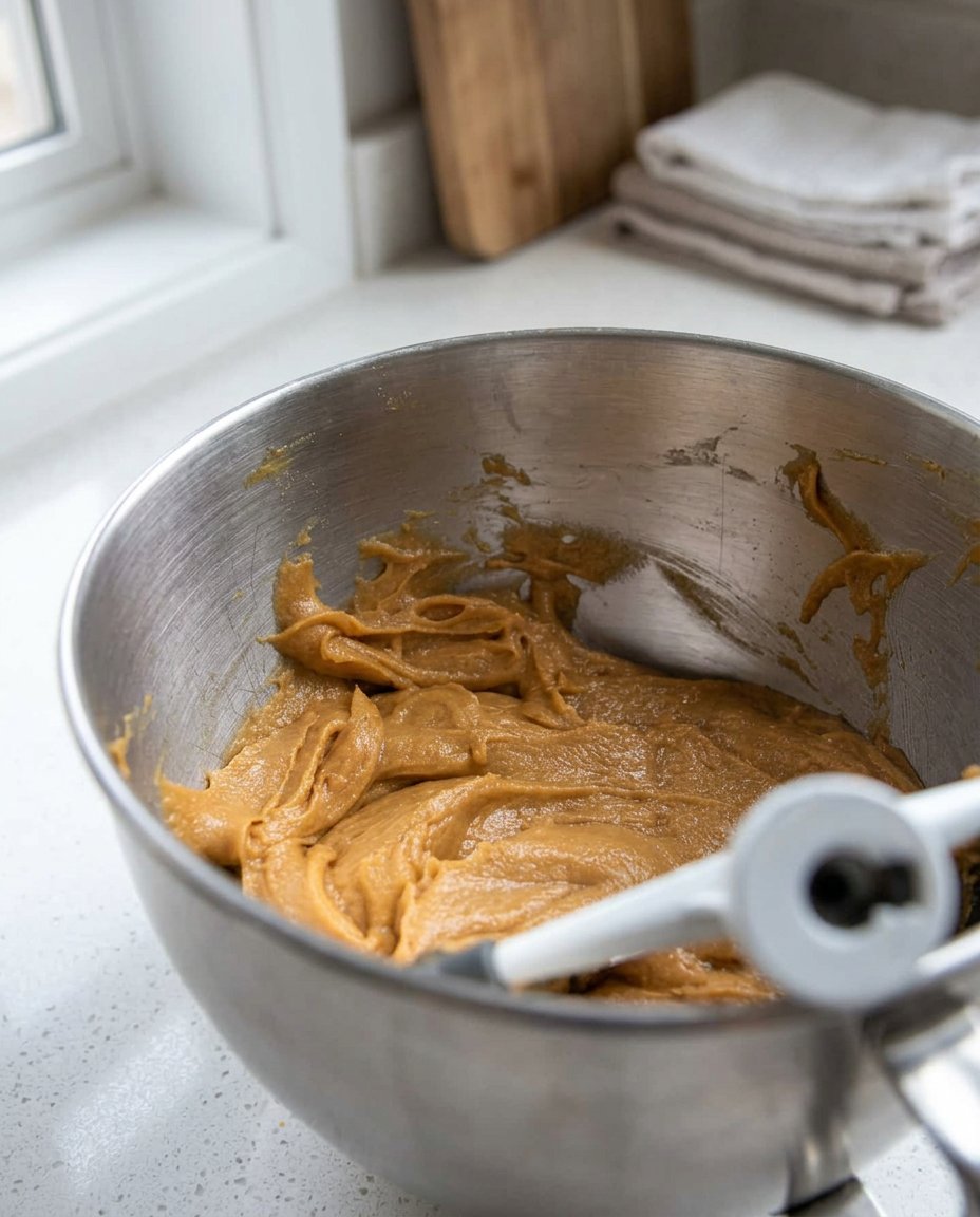 Bowls of peanut butter, sugar, and flour arranged on a wooden table.