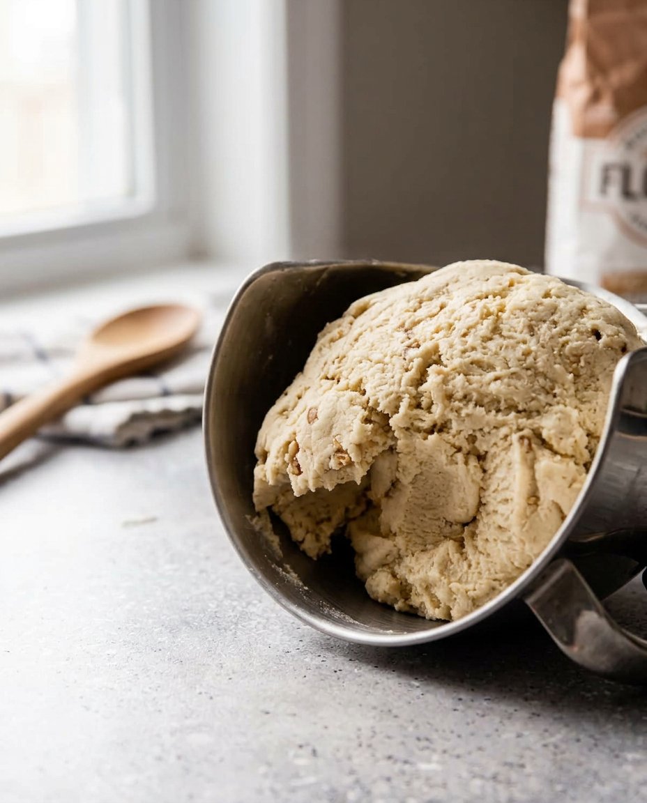 Butter sugar flour and walnuts arranged on a wooden kitchen counter