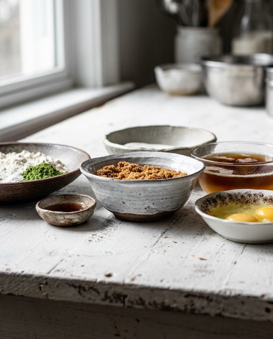 Bowls of flour, matcha powder, white chocolate chips, and browned butter on a wooden table.