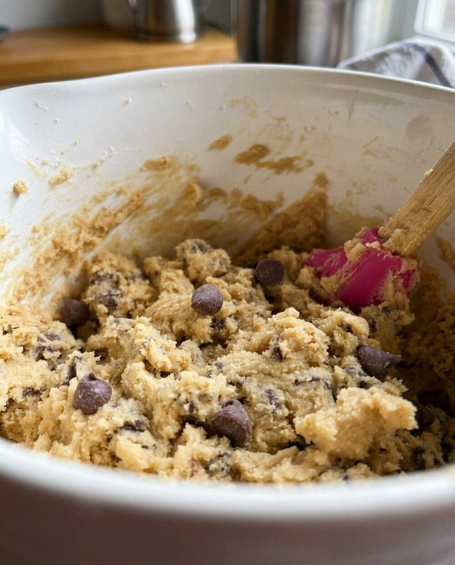 Bowls of flour, sugar, butter, eggs, and milk chocolate chips arranged on a wooden table.