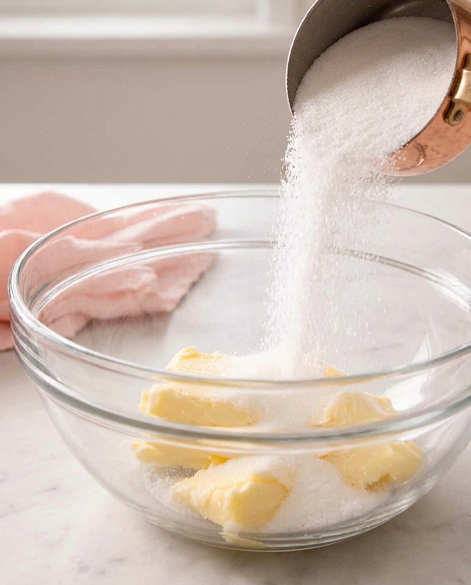 Bowls of flour sugar and chocolate chunks on a kitchen counter.