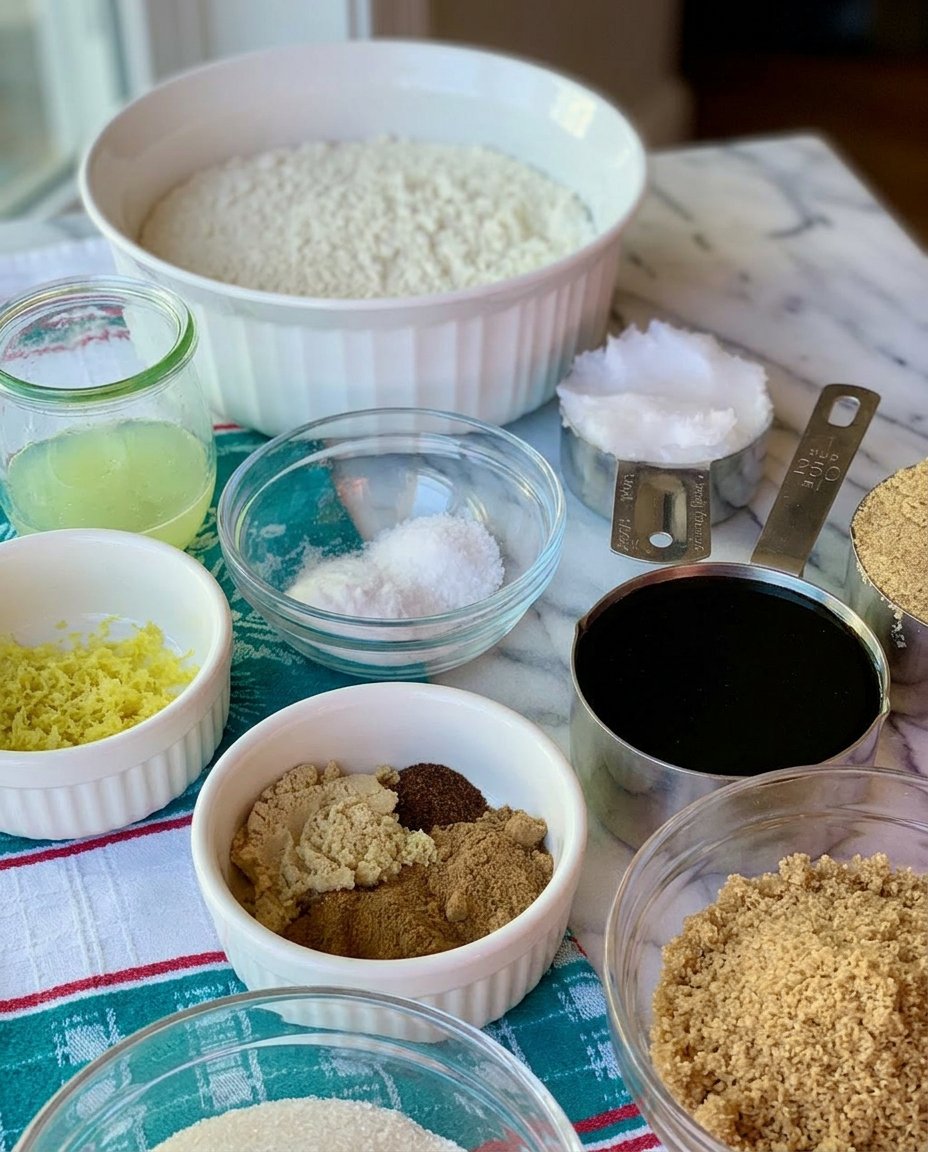 Ingredients for ginger snaps including molasses, ginger, and lemon on a counter.