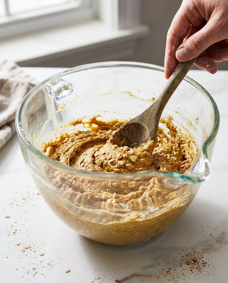 Bowls of oats, flour, and spices for making iced oatmeal cookies.