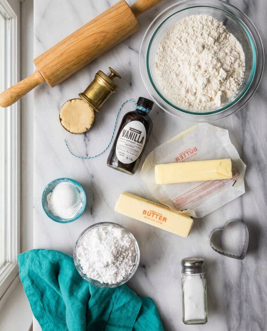 Ingredients for shortbread cookies including flour butter and sugar