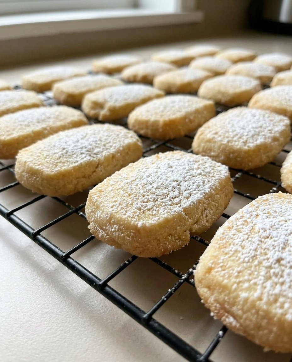 Freshly sliced shortbread wedges arranged on a wire rack