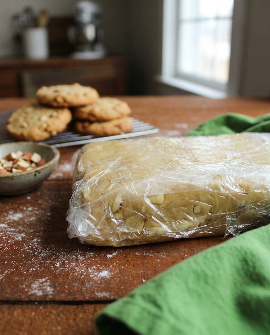 A knife slicing through a chilled loaf of icebox cookie dough