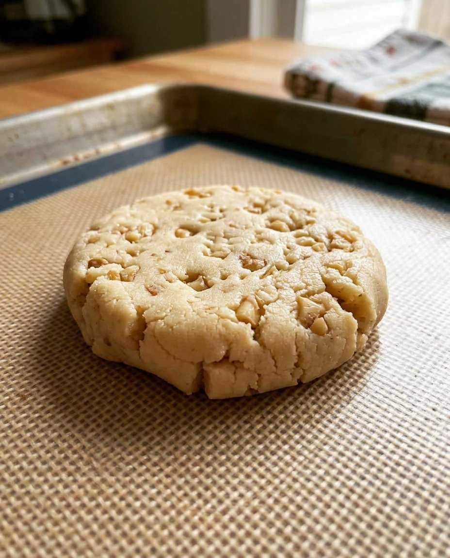 A hand slicing a chilled log of walnut shortbread dough with a sharp knife