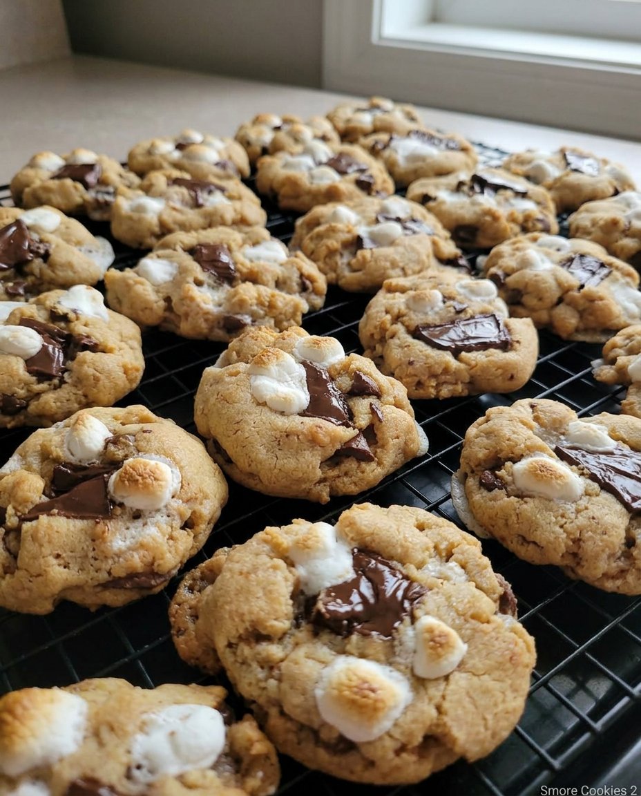 A smore cookie being dipped into a cold glass of milk