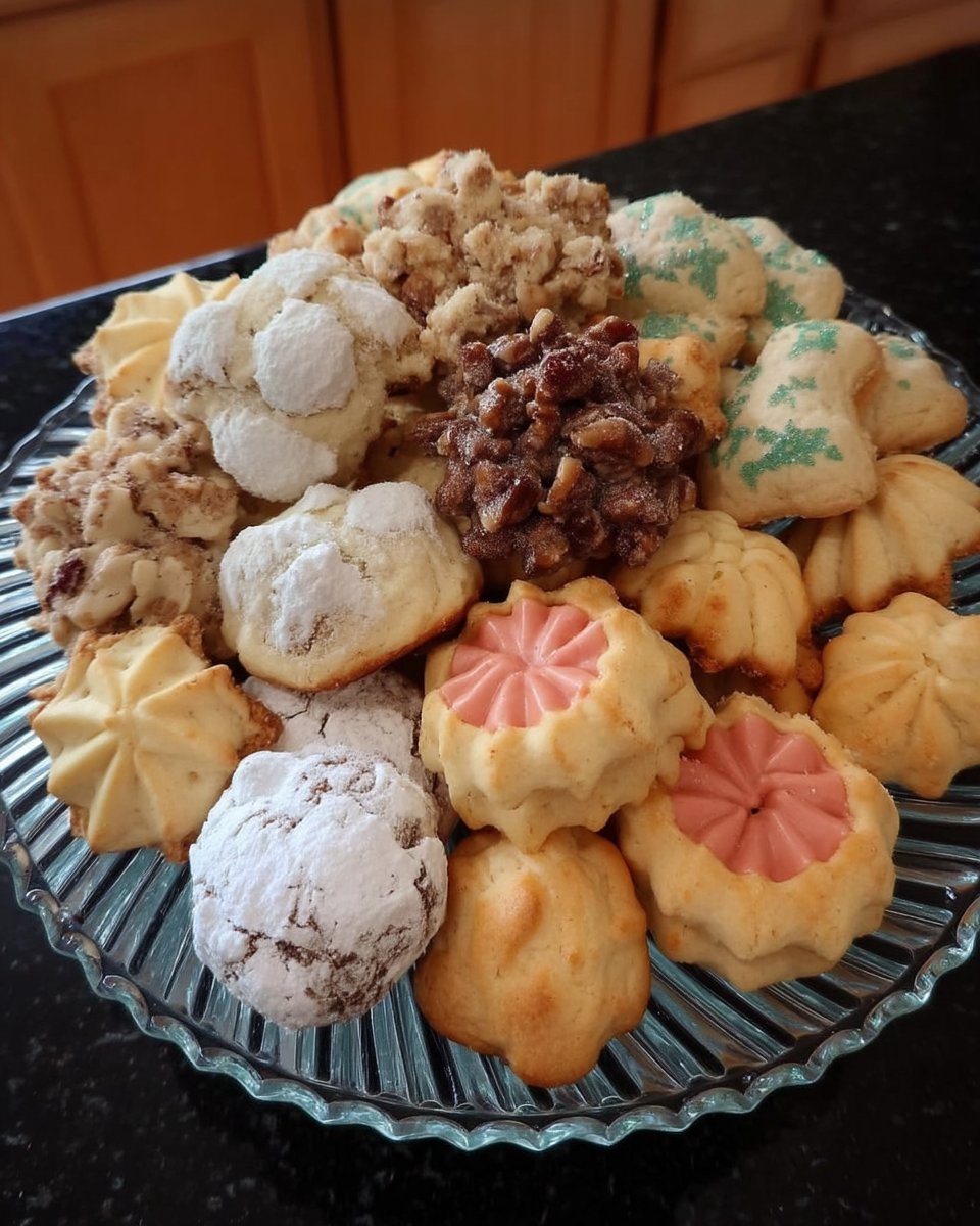 A variety of shaped soft buttery Christmas spritz cookies on a cooling rack.