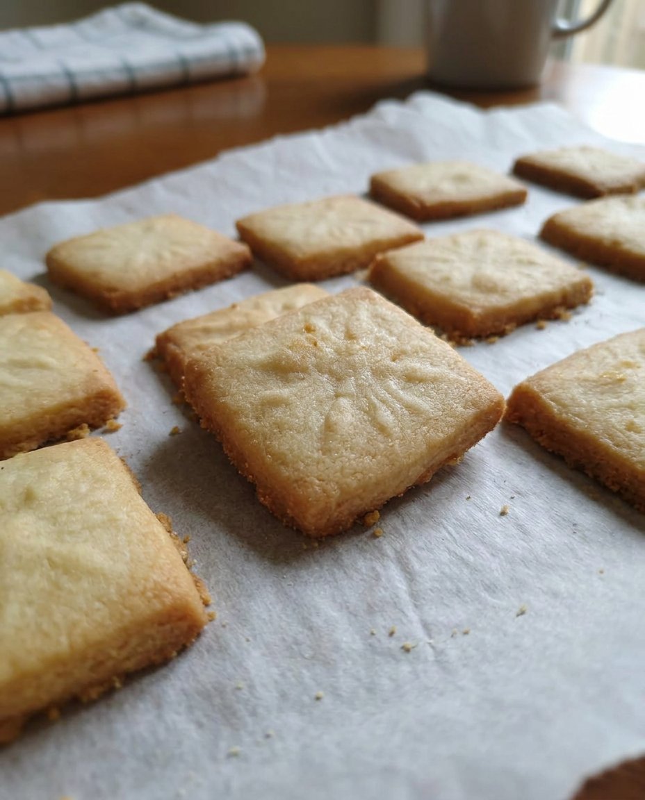 A stack of soft buttery shortbread cookies inside a vintage ceramic jar.