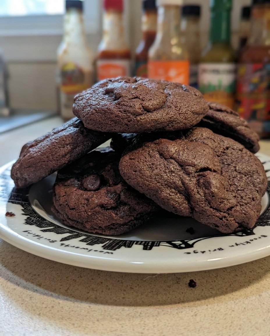 A stack of soft chewy brownie cookies with crinkled tops in a vintage glass jar