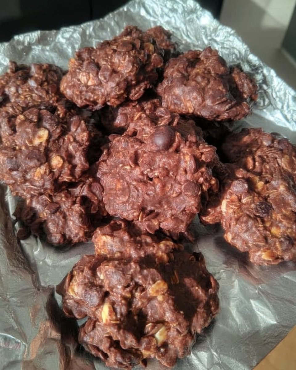 Soft and fudgy no bake chocolate oatmeal cookies stacked in a vintage jar