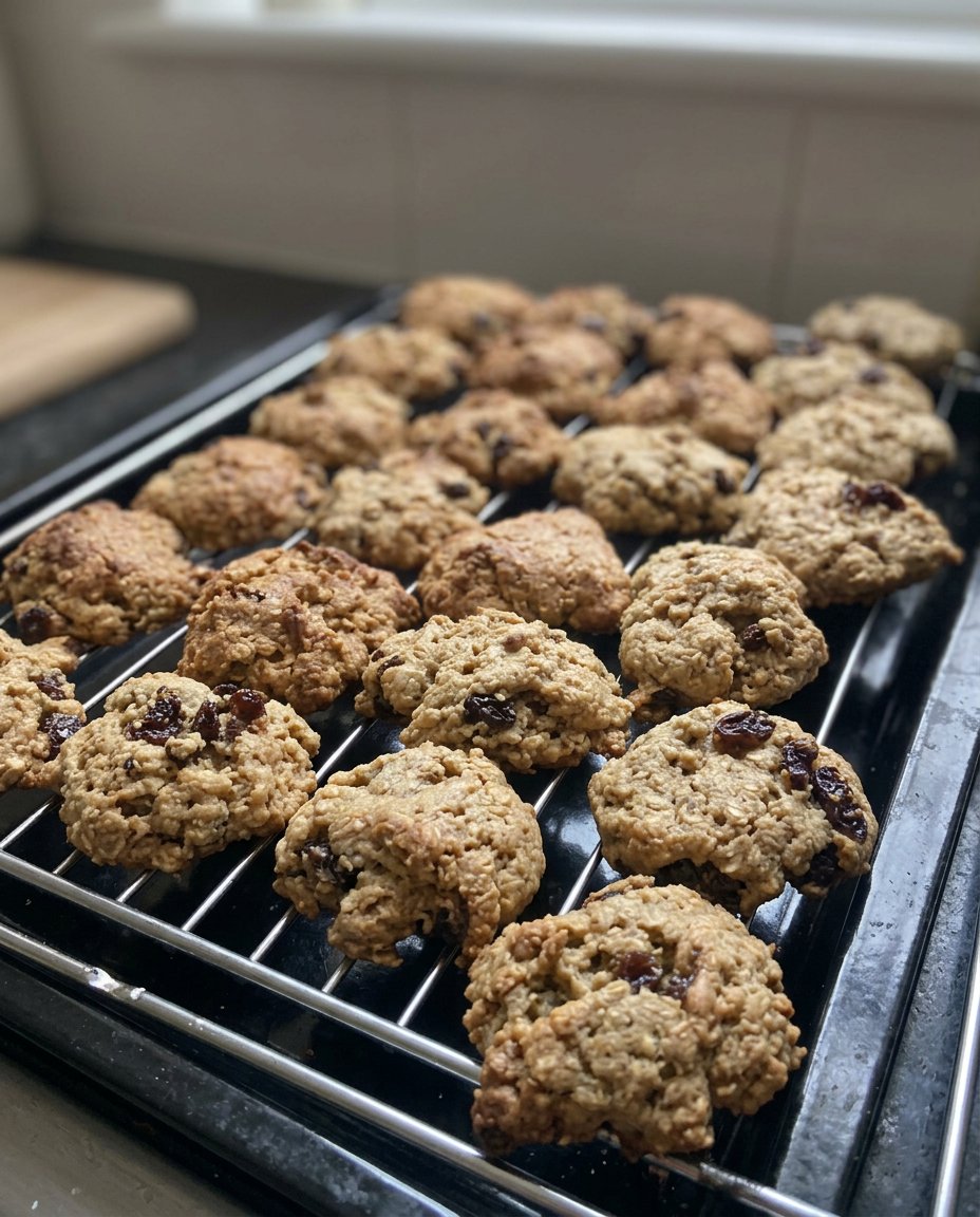 A glass cookie jar filled with soft and chewy double oatmeal raisin cookies on a wooden counter