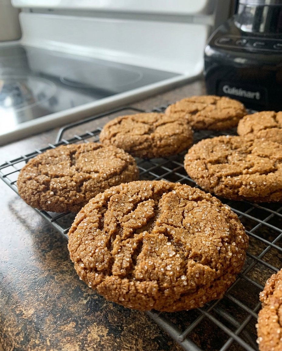 A stack of big chewy ginger cookies in a glass vintage cookie jar showing crackly tops