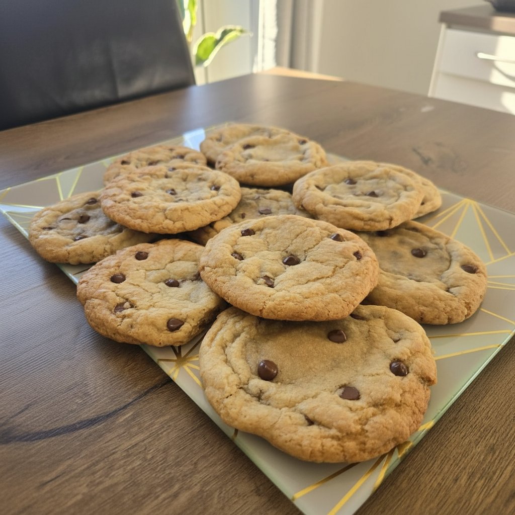 A stack of soft chewy gluten free chocolate chip cookies next to a vintage glass jar.