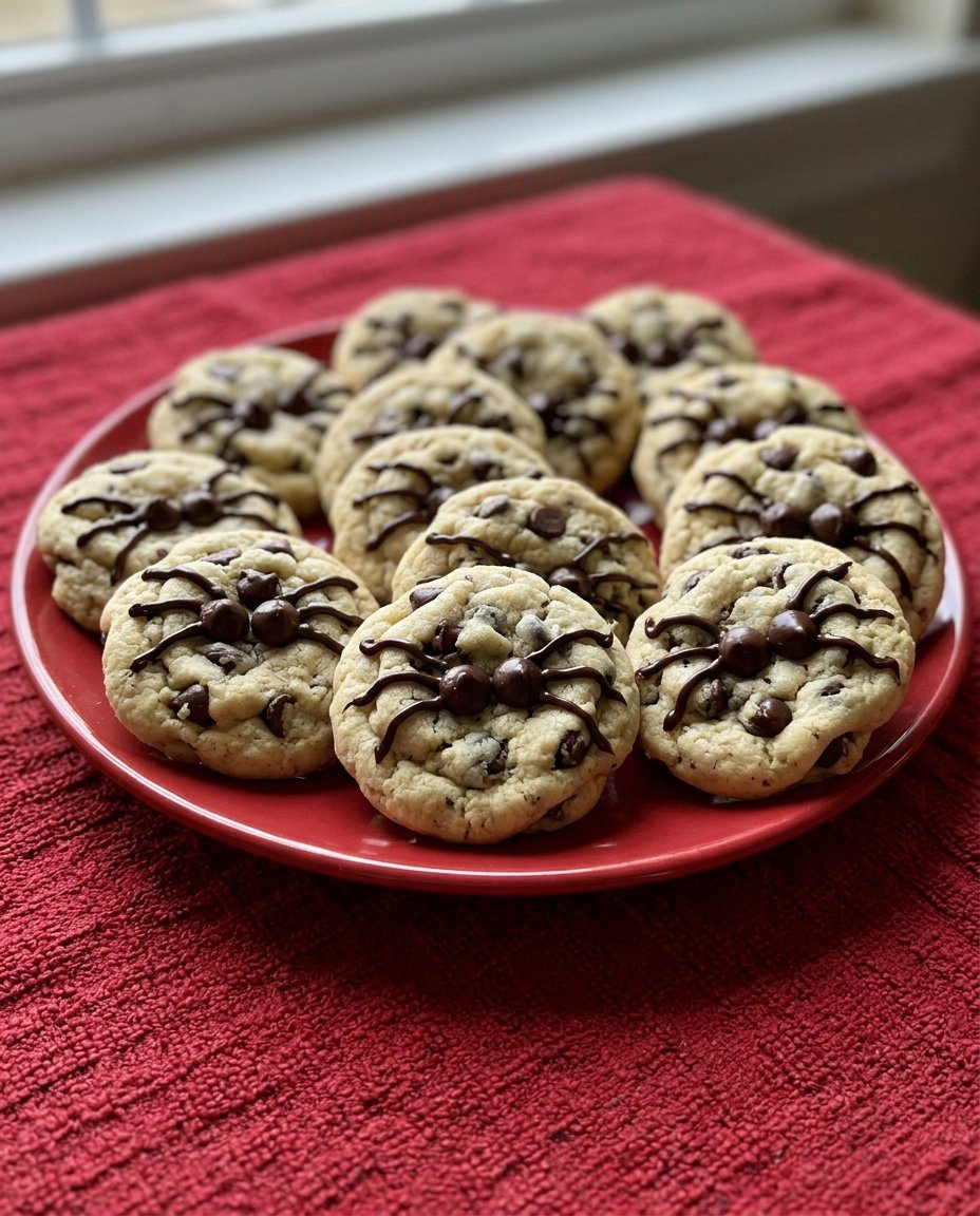 Soft and chewy Halloween chocolate chip cookies with chocolate spiders on top