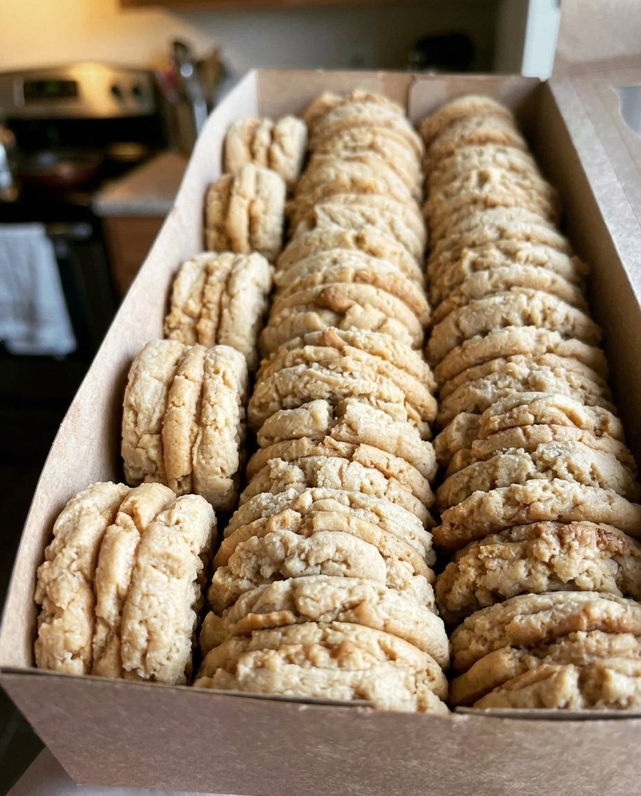 Homemade Nutter Butter copycat cookies stacked neatly in a glass jar
