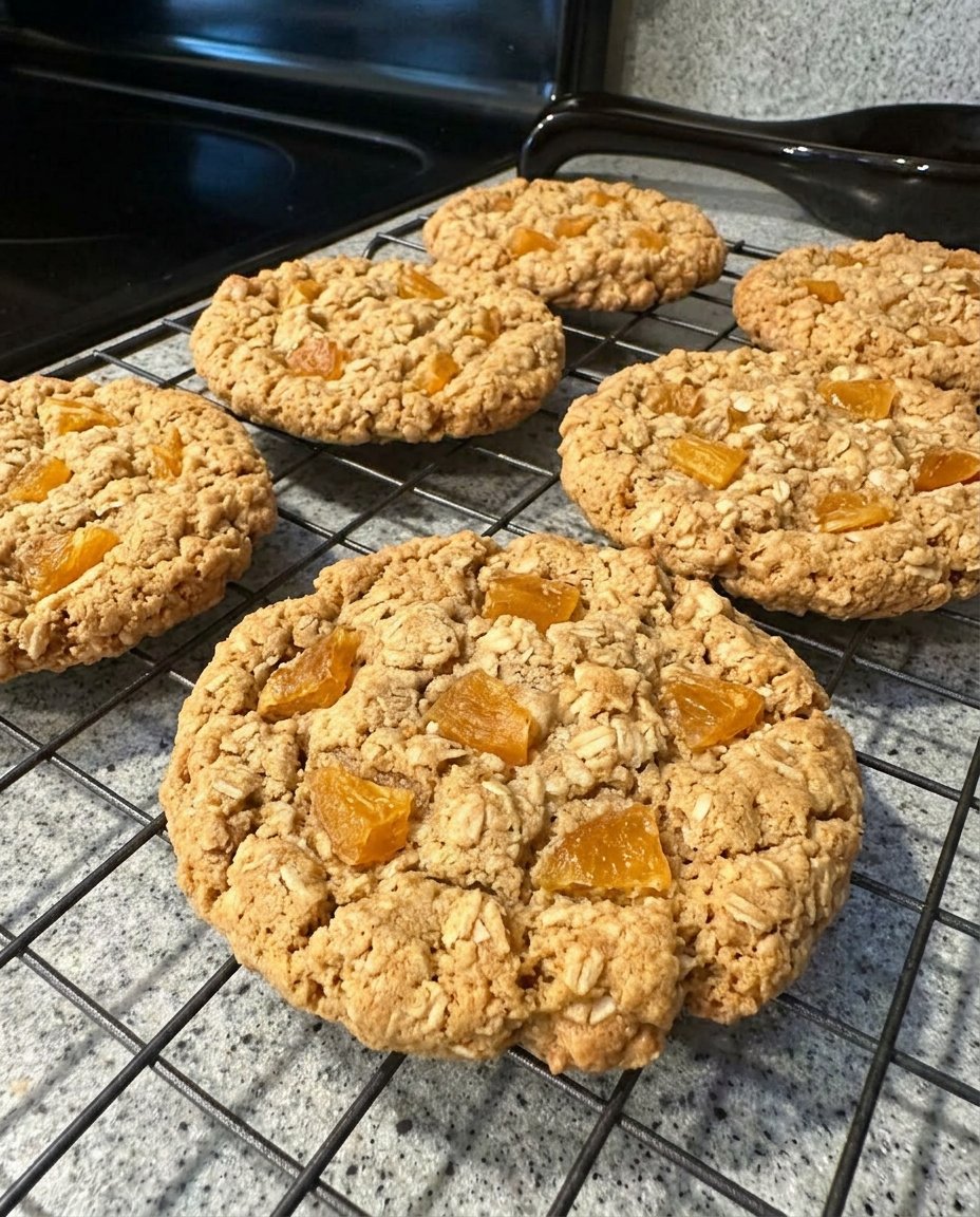 Soft and chewy oatmeal apricot cookies stored in a vintage glass cookie jar.