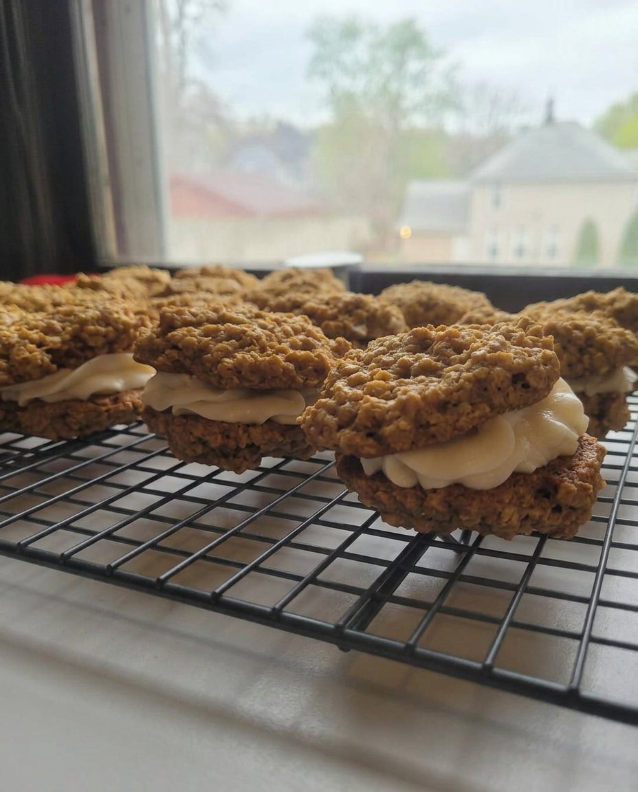 Two soft chewy oatmeal cream pies stacked on a wooden board