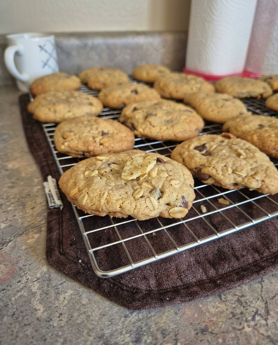 A stack of soft chewy potato chip chocolate chip cookies inside a glass vintage cookie jar.