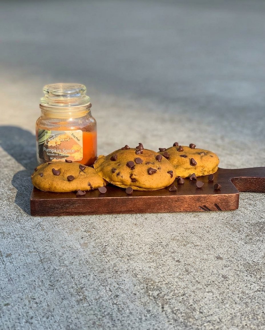 A stack of soft chewy pumpkin chocolate chip cookies on a wooden board