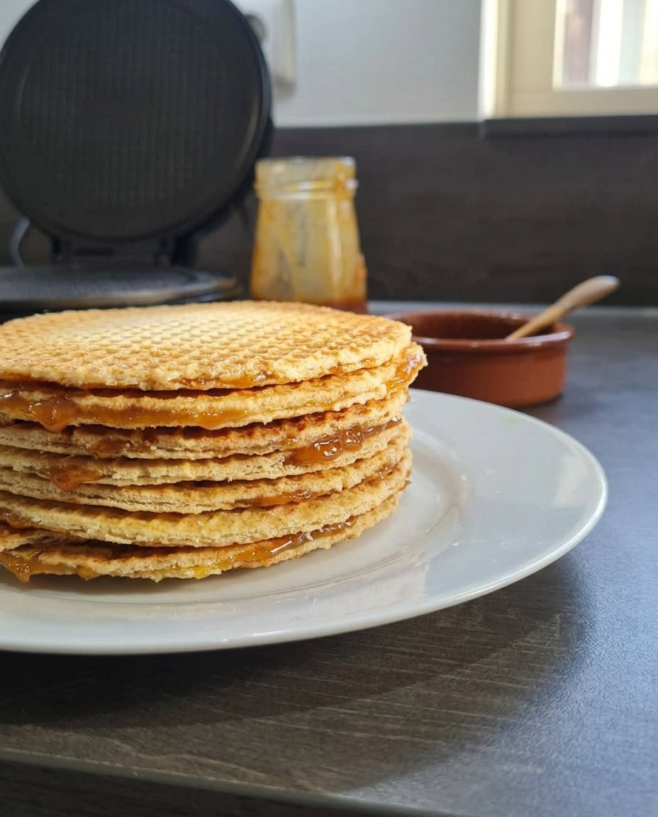 A stack of soft chewy stroopwafel cookies inside a vintage glass jar