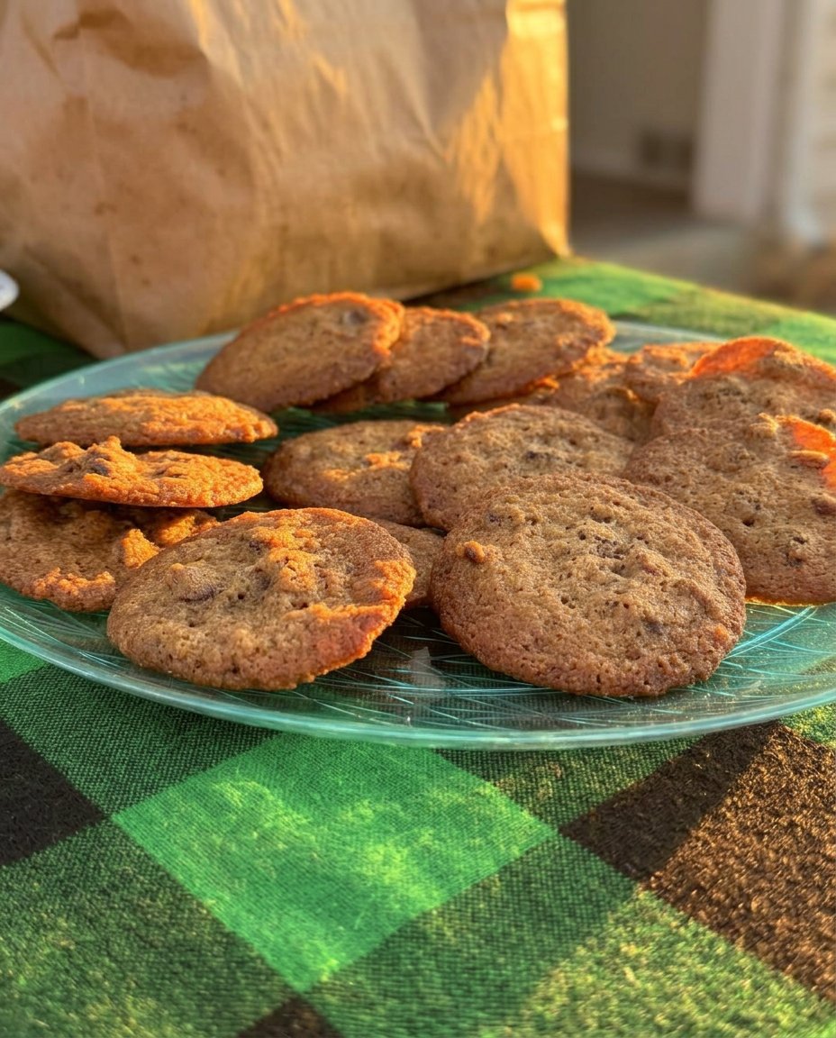 A stack of thin chocolate chip cookies inside a vintage glass cookie jar.