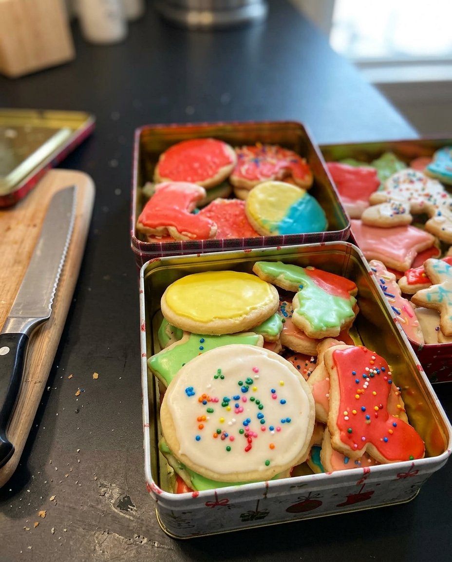 A stack of soft classic sugar cookies with smooth royal icing in a vintage jar.