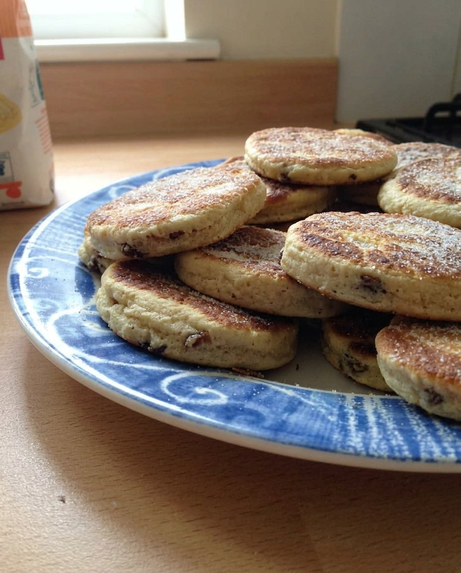 A stack of soft chewy Welsh cakes stored in a vintage glass cookie jar.