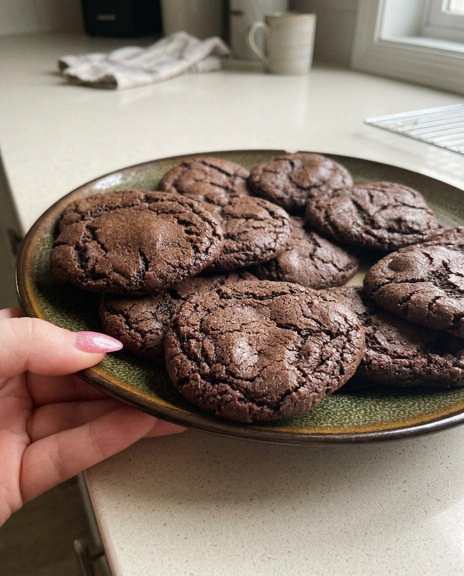 Soft and chewy chocolate cookies stacked inside a vintage glass cookie jar.