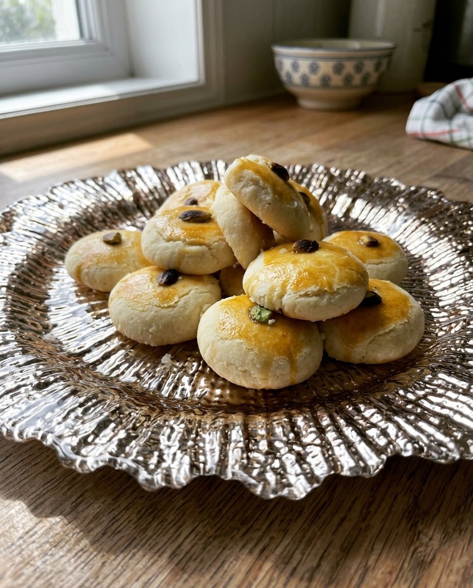 Soft and crumbly Naan Khatai 2 biscuits served on a vintage plate