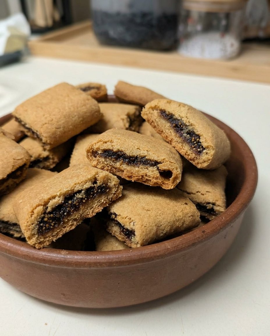A vintage glass cookie jar filled with soft fig newton bars