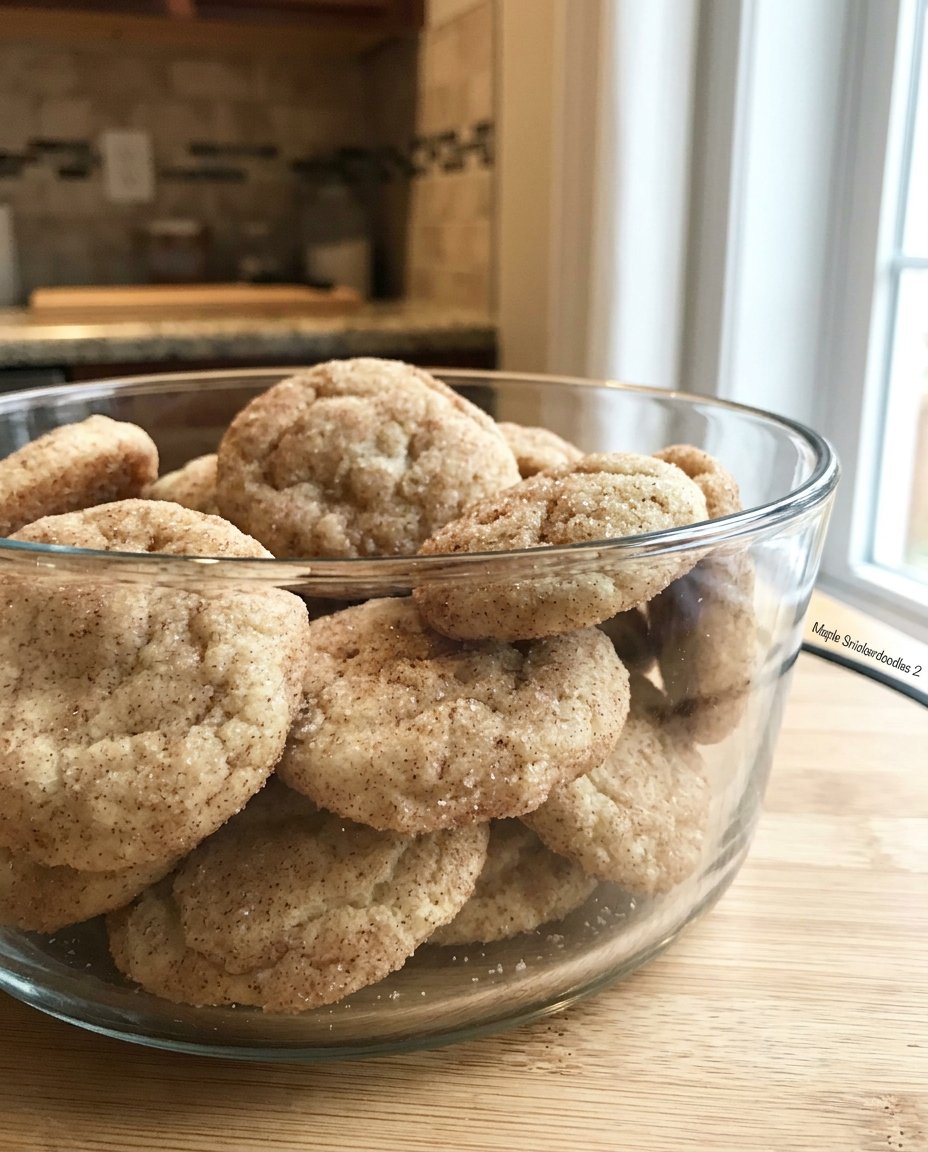 Soft chewy maple snickerdoodles in a vintage glass cookie jar