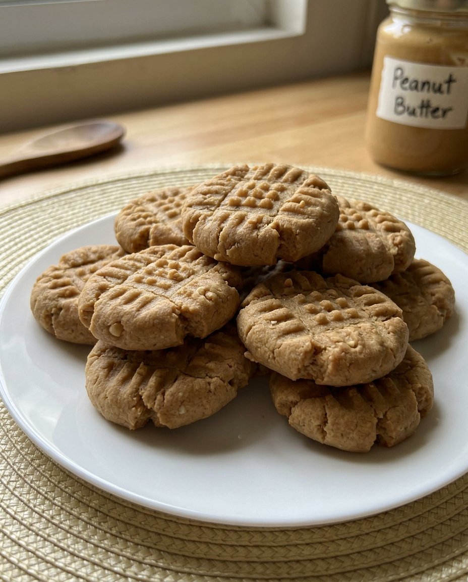 Soft peanut butter cookies with a classic criss cross pattern on a cooling rack.