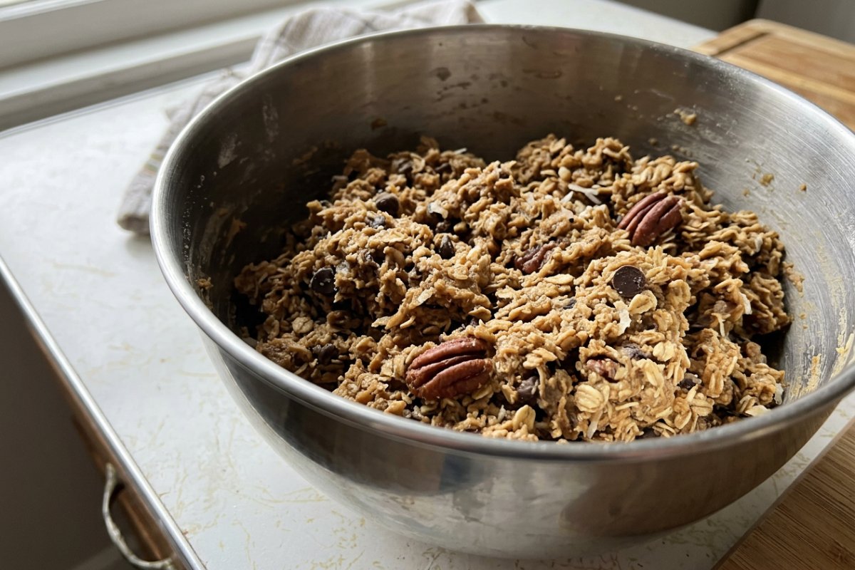 Several red velvet cookies being placed into a classic white ceramic cookie jar.