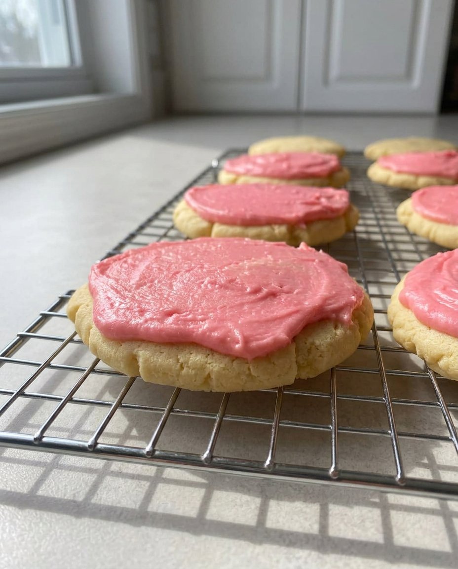A stack of thick soft copycat sugar cookies with pink frosting