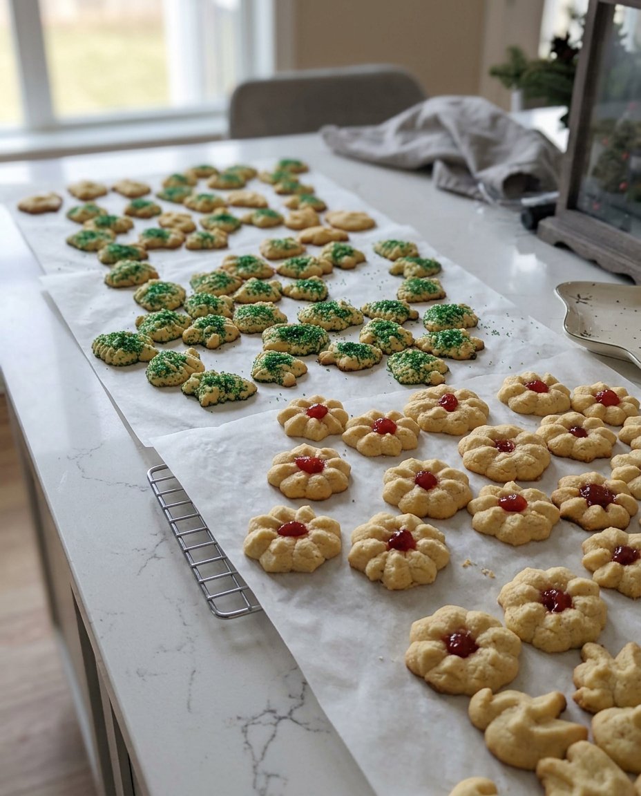 A collection of soft vanilla spritz cookies piled in a vintage glass cookie jar