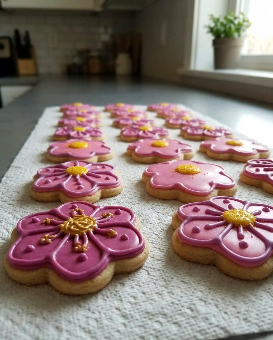 A vintage glass cookie jar filled with colorful spring flower cookies on a wooden counter